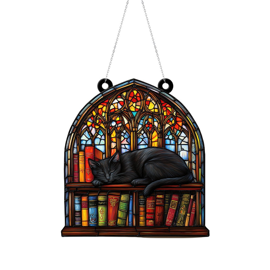 Black Cat Sleeping on Books Suncatcher, Pet Lovers Hanging Window Ornament Decor