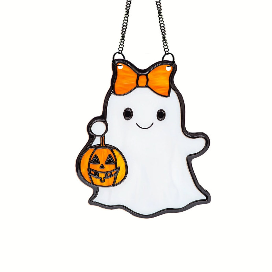 Ghost Pretty with Lantern Pumpkins Suncatcher, Cute Ghost Window Hanging Home Decor