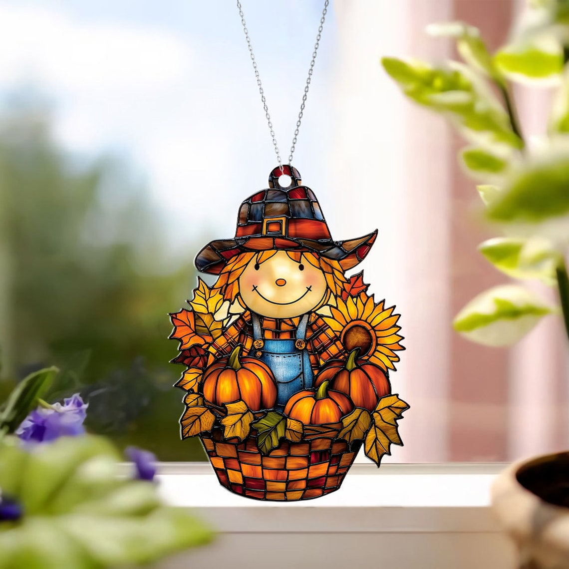 Scarecrow Boy Autumn Suncatcher, Scarecrow Pumpkin Hanging Ornament