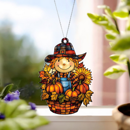 Scarecrow Boy Autumn Suncatcher, Scarecrow Pumpkin Hanging Ornament