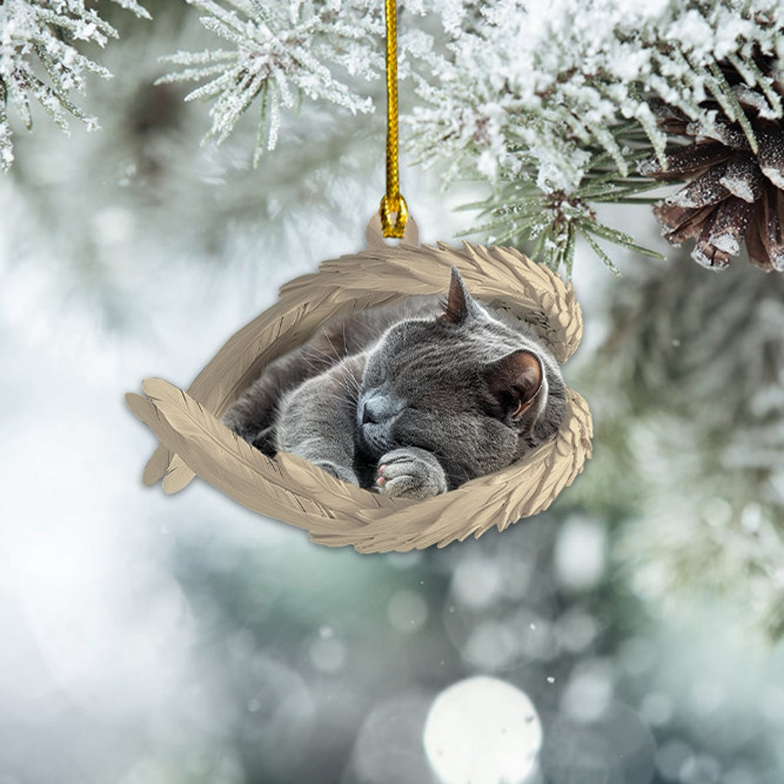 Gray Cat Sleeping Angel Hanging Christmas Ornament, Cute Gray Cat Car Ornament Christmas Gift