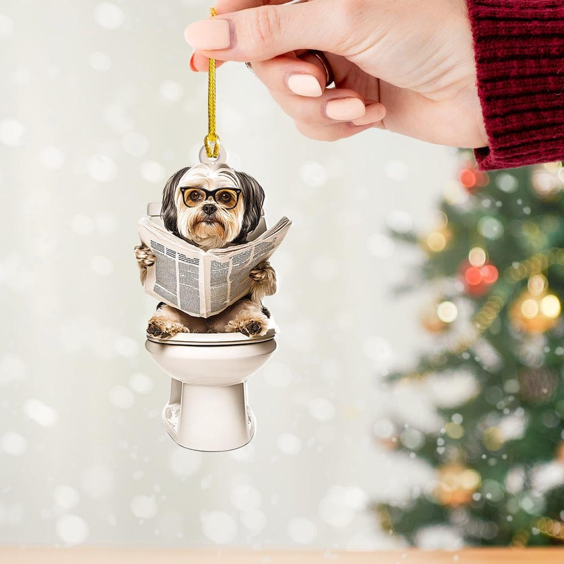 Havanese Dog Sitting On Toilet Ornament, Havanese Dog Reading Newspaper Christmas Ornament