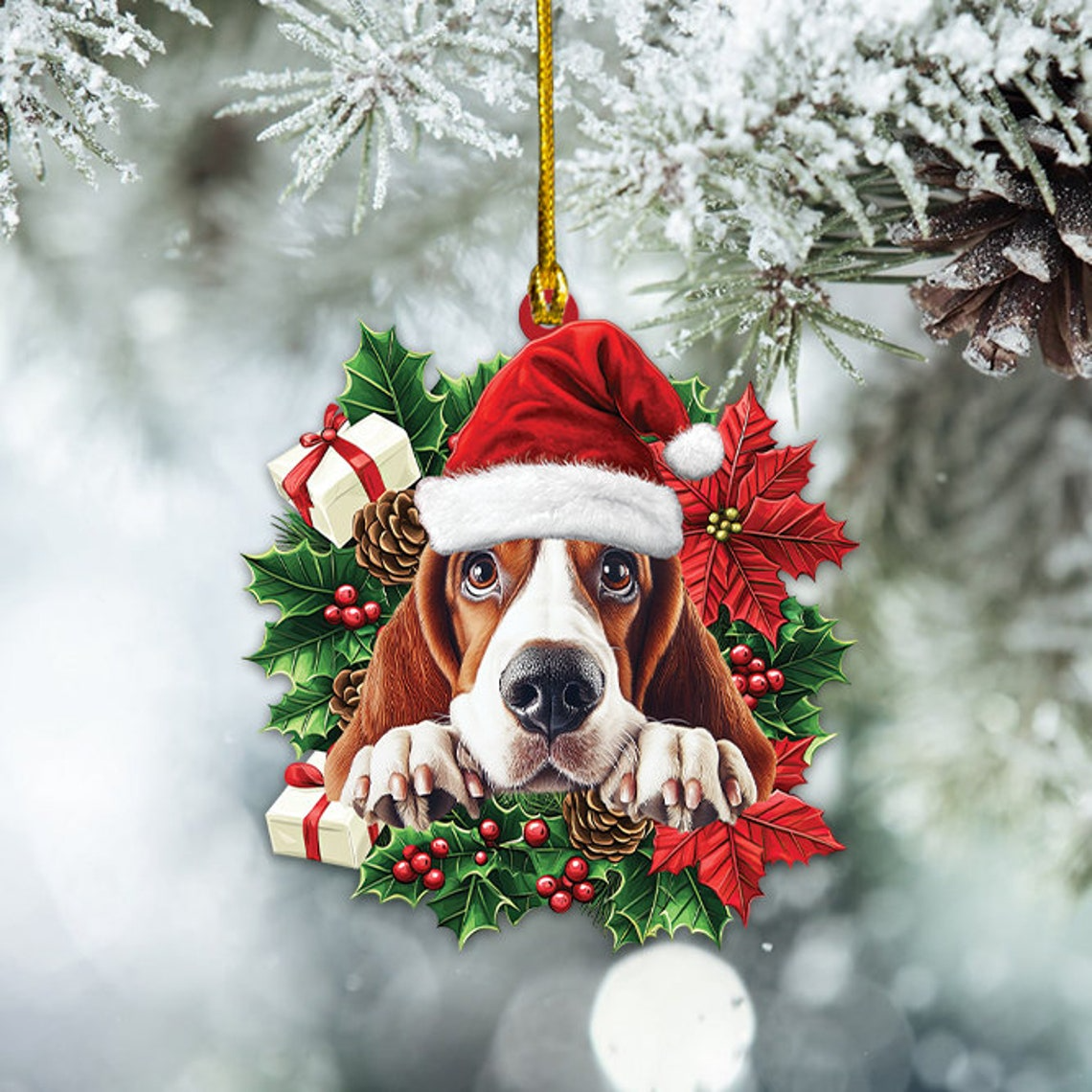 Basset Hound Dog Christmas Wreath Ornament, Unique Basset Hound Dog Christmas Ornament Decor