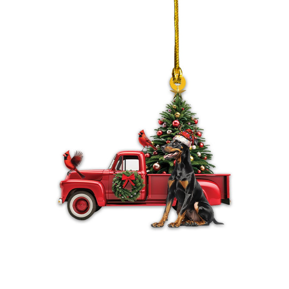 Christmas Doberman Pinscher Dog and Red Truck Ornament, Dobermann Dog Christmas Ornament Gif