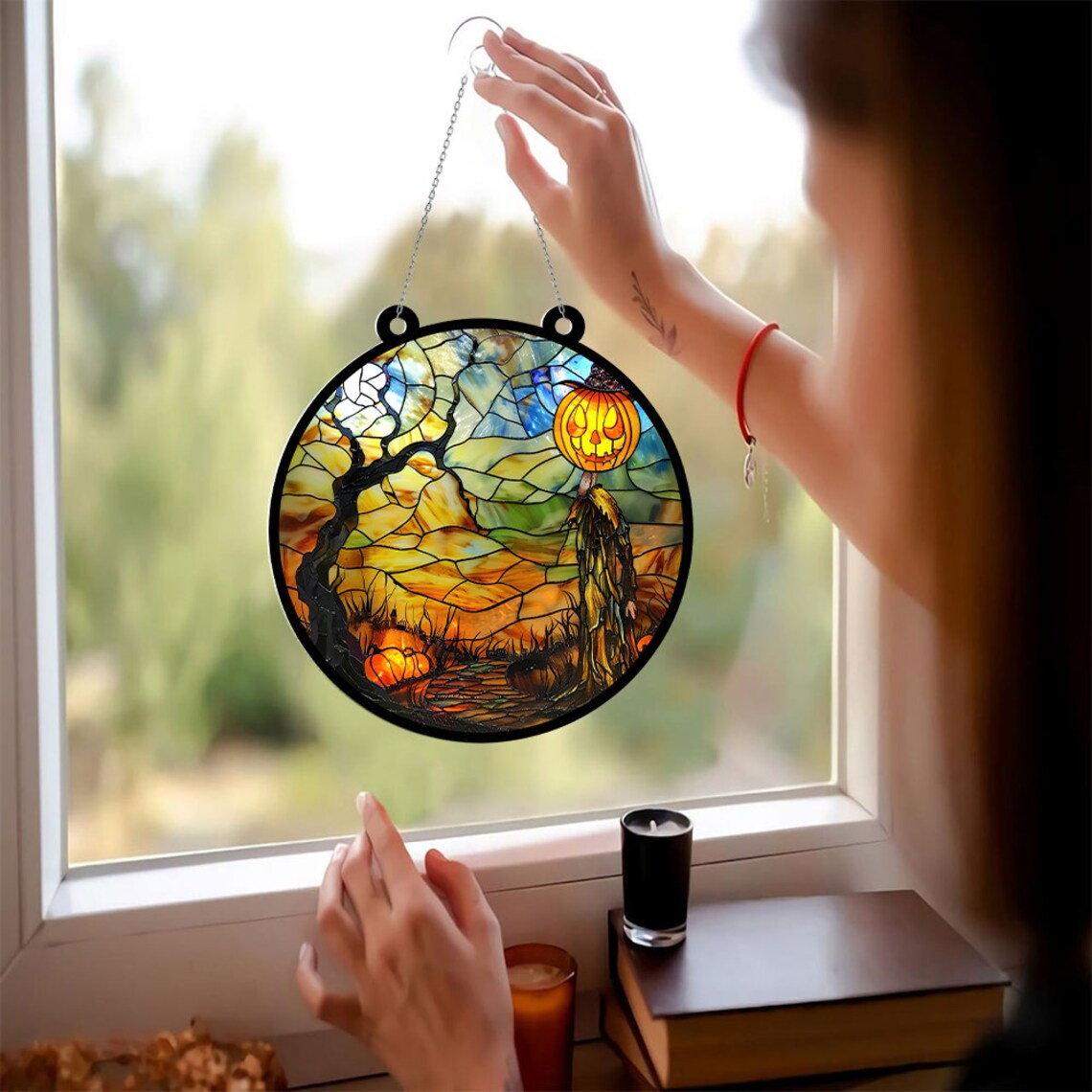 Halloween Pumpkins Road in the Night Hanging Suncatcher, Halloween Hanging Ornament Decor