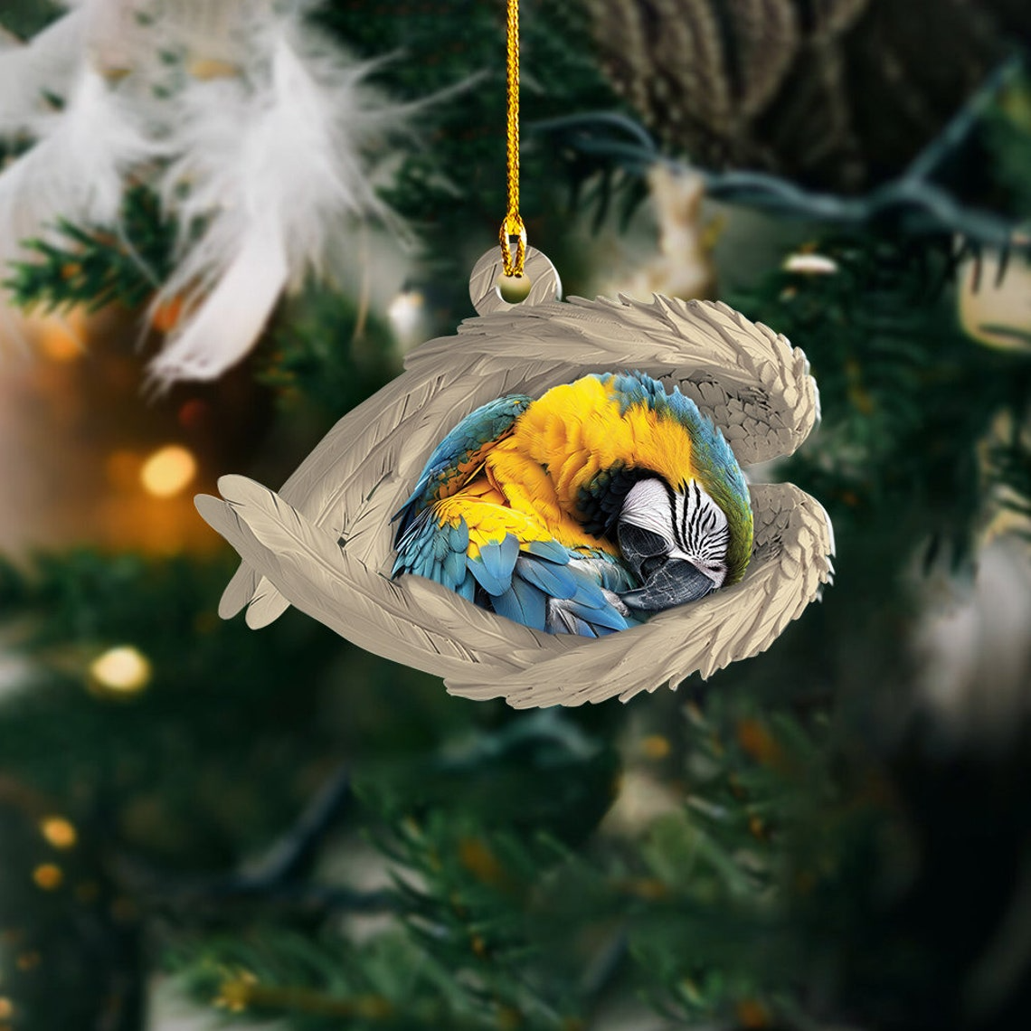 Blue Gold Macaw Angel Wings Ornament, Blue Gold Macaw Car Hanging Ornament Christmas Gift