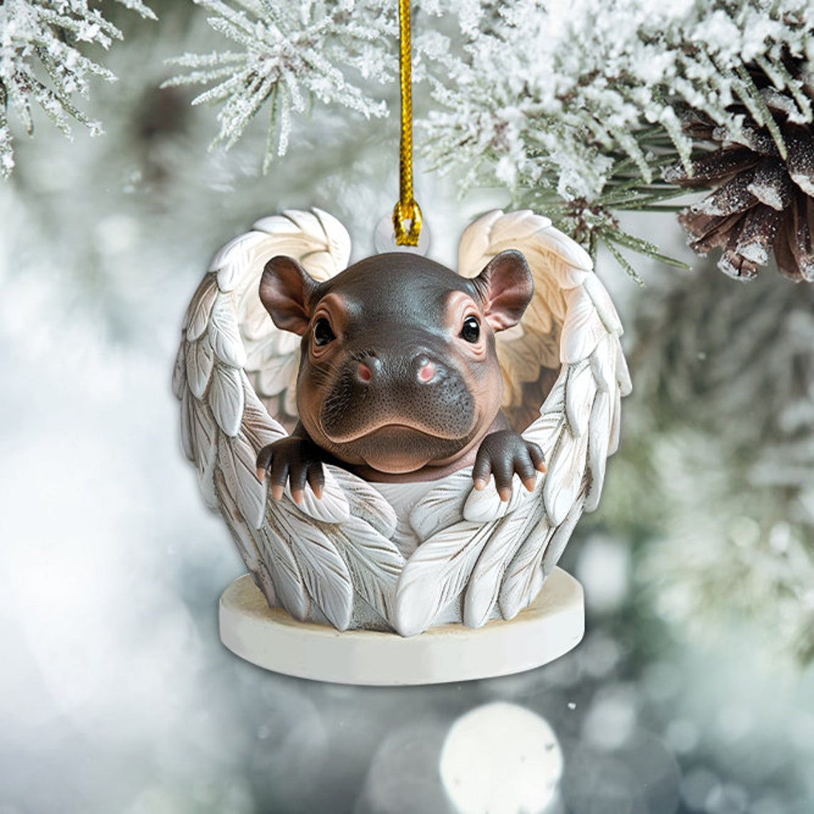 Cute Baby Hippo Angel Wings Christmas Ornament Gift, Baby Hippo Hanging Christmas Ornament