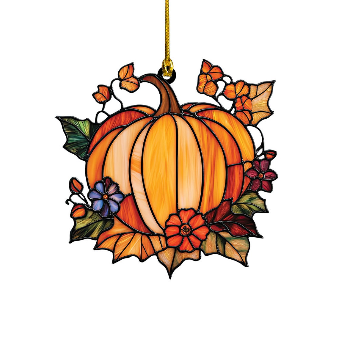 Vintage Pumpkin Leaves and Flower Suncatcher, Halloween Suncatcher Ornament Decor