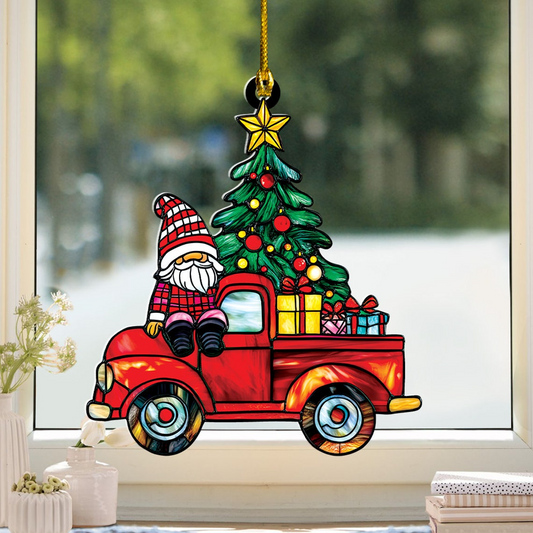 Christmas Red Truck Suncatcher, Santa Gnome Christmas Suncatcher