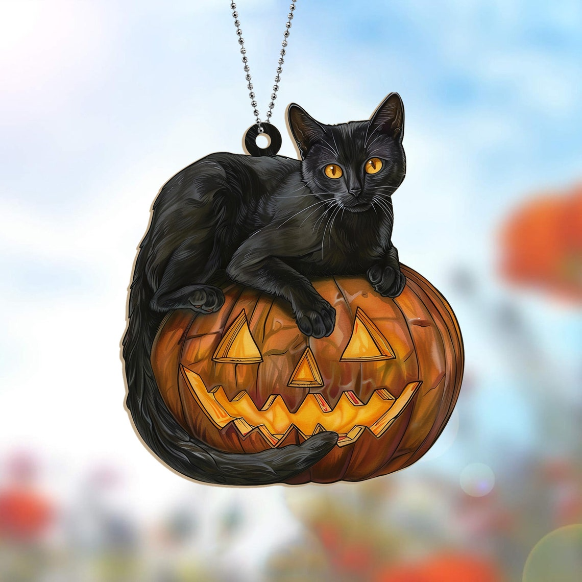 Cat Pumpkin Halloween Hanging Suncatcher, Halloween Cat Pumpkin Decor Home Ornament