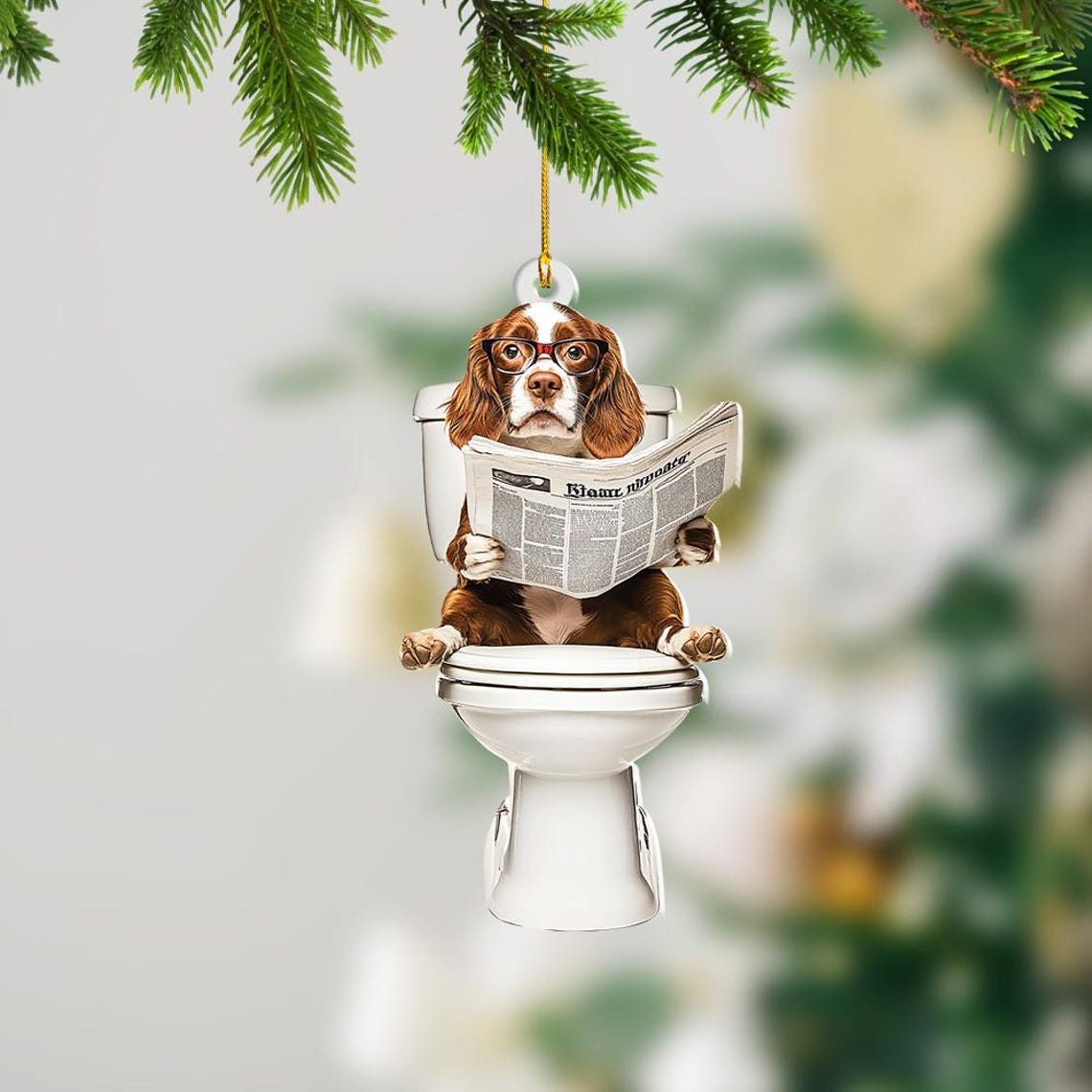 Brittany Spaniel Dog Sitting On Toilet Ornament, Brittany Dog Christmas Ornament Gift