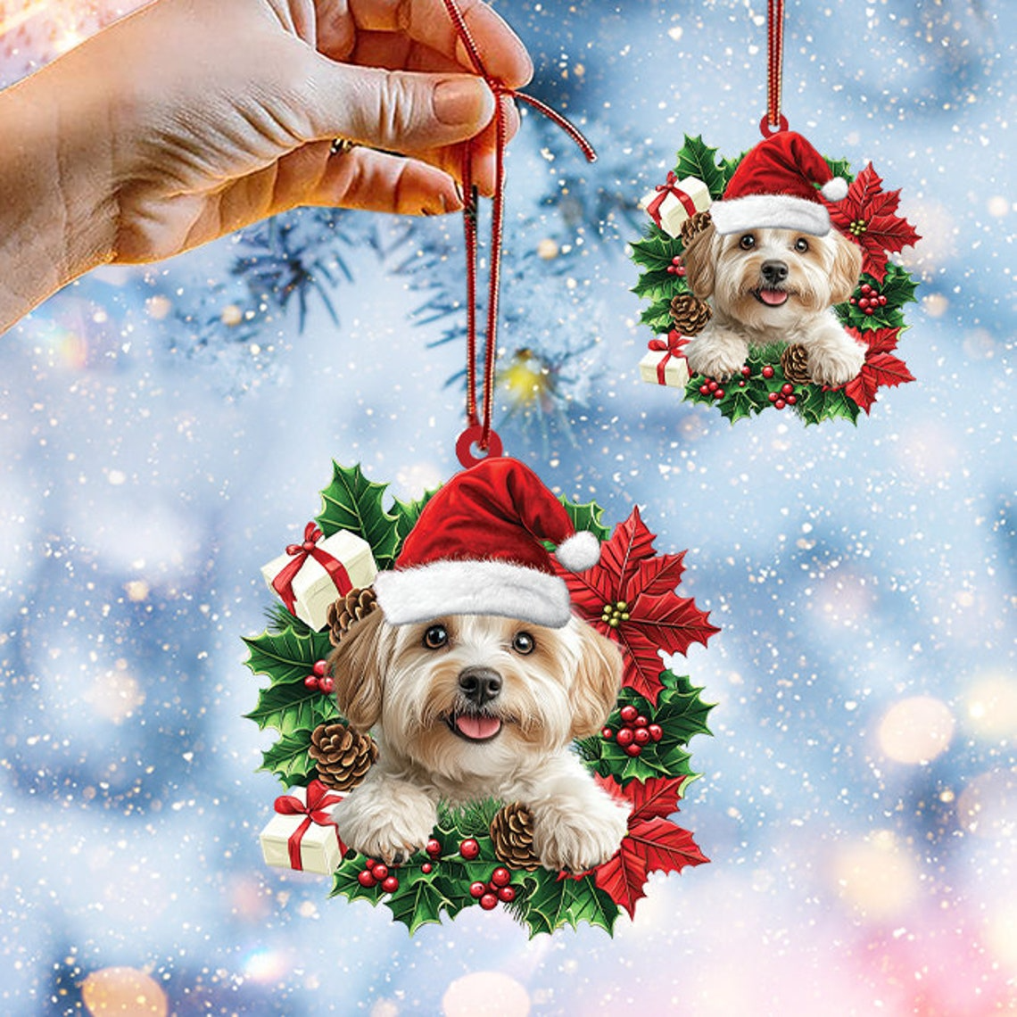 Havanese Dog Christmas Wreath Ornament, Cute Dog Christmas Ornament Lovers Holiday Gift