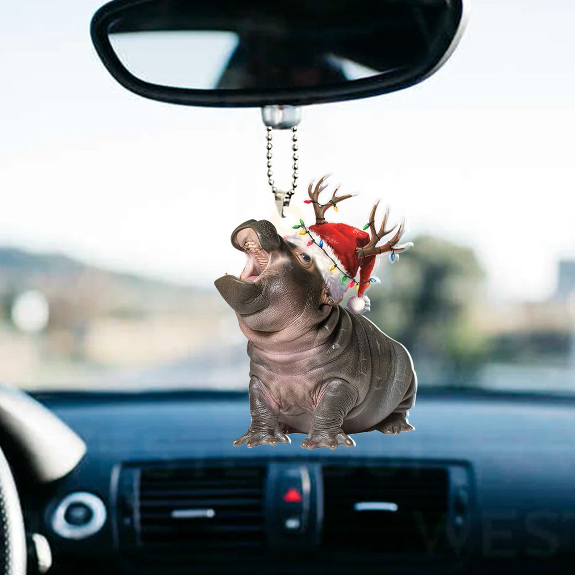 Cute Baby Hippo Hanging Christmas Ornament, Christmas Pygmy Hippo Rearview Mirror Car Ornament Gift