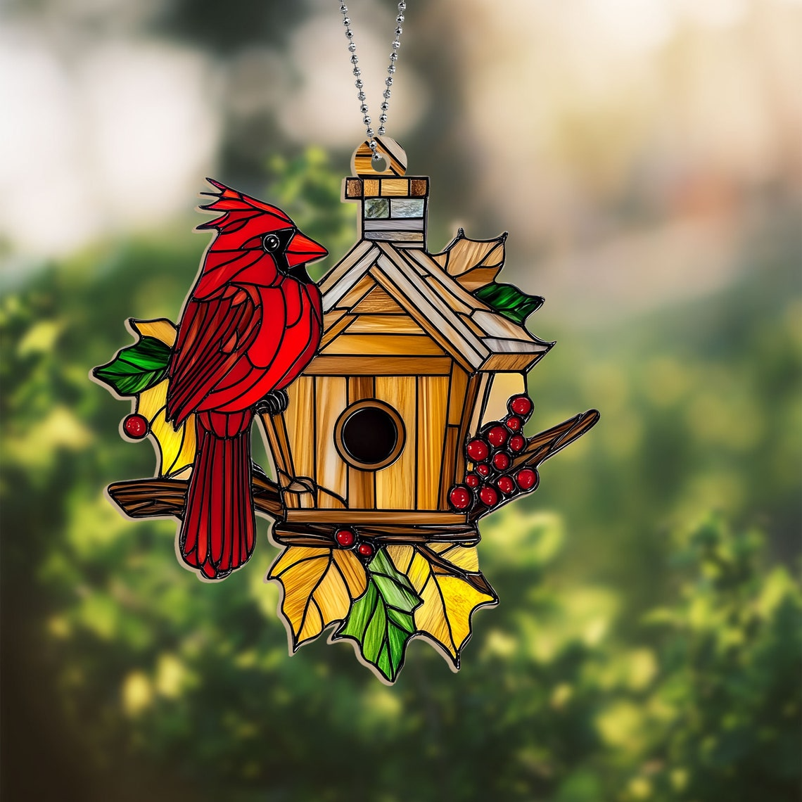 Cardinal House Suncatcher Ornament, Cardinal Christmas Ornament