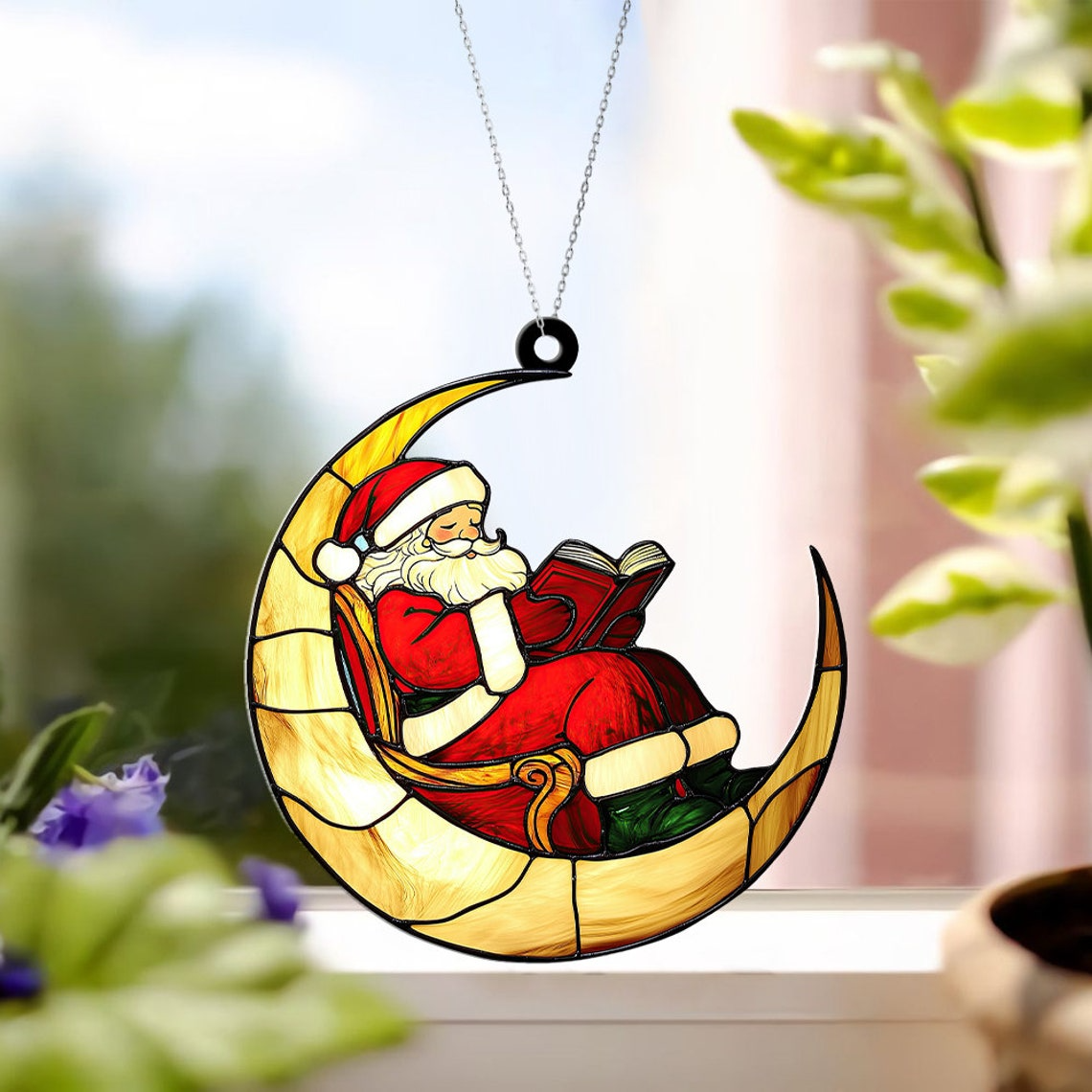 Santa Reading Books on The Moon Suncatcher Ornament, Santa Claus Christmas Suncatcher