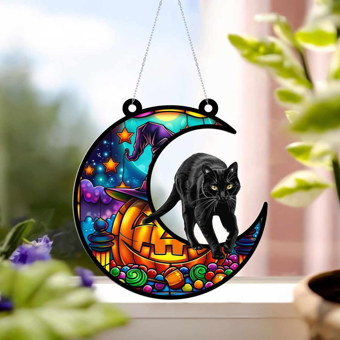 Cat on the Moon Pumpkin Suncatcher, Halloween Cat Pumpkin Hanging Ornament