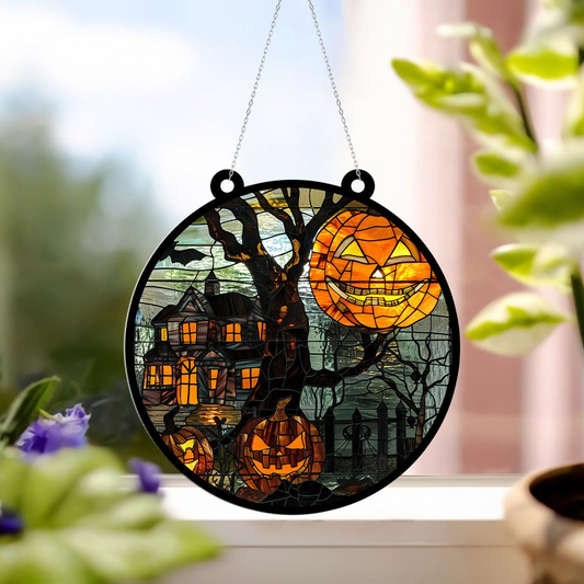 Halloween House in the Night Hanging Suncatcher, Halloween Haunted House Ornament Decor