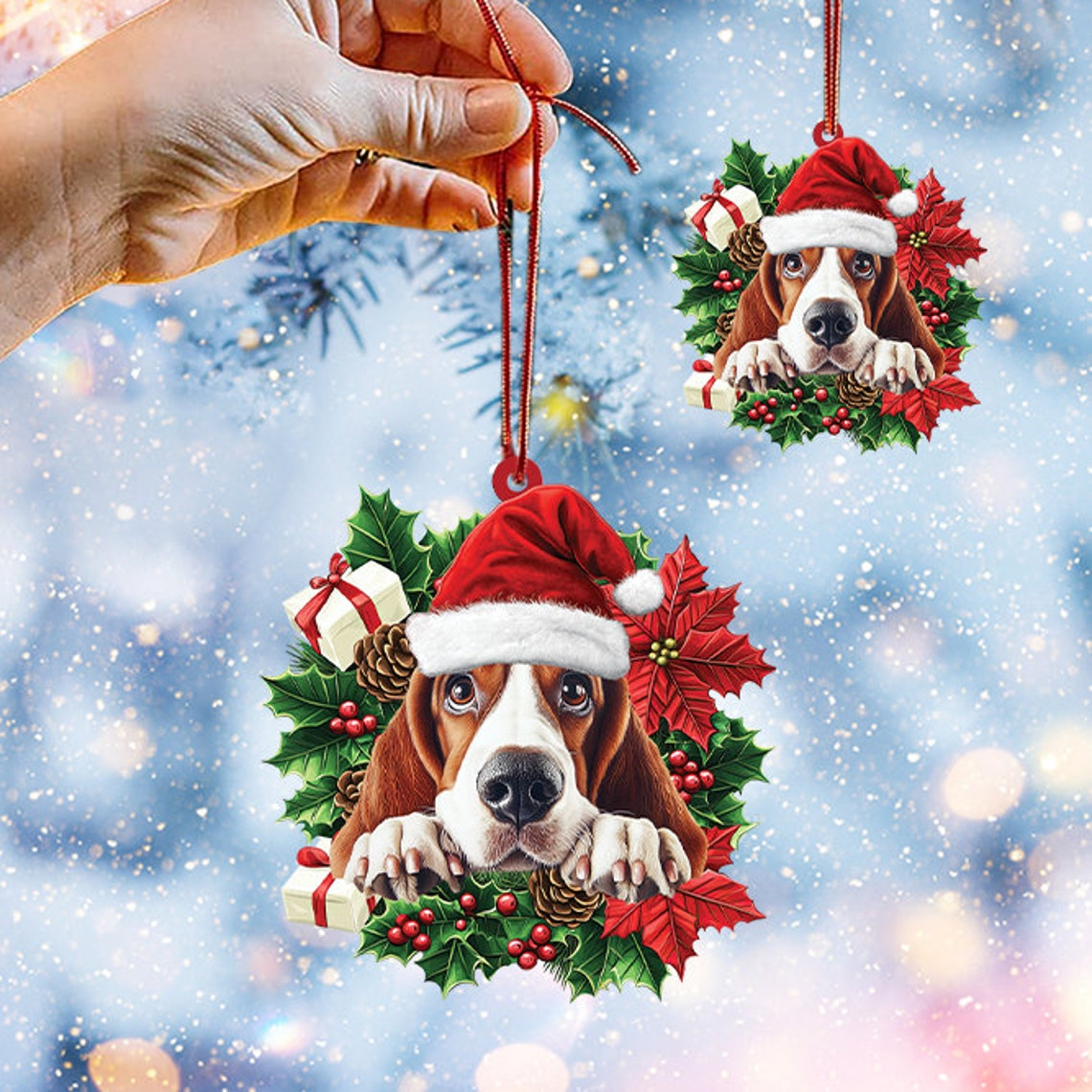 Basset Hound Dog Christmas Wreath Ornament, Unique Basset Hound Dog Christmas Ornament Decor