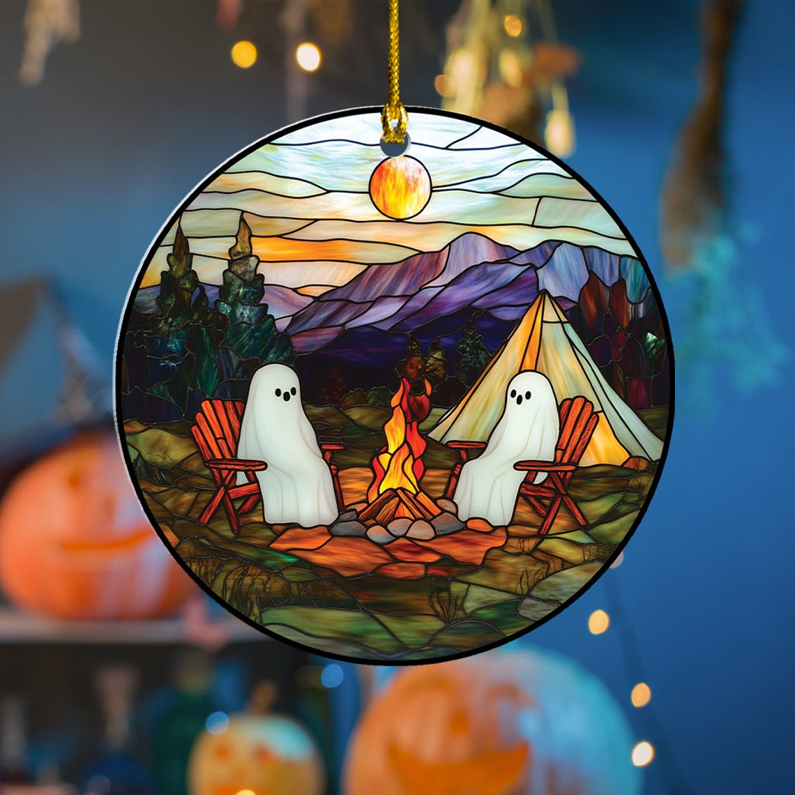 Couple Ghost Camping Hanging Suncatcher, Ghosts Camping Ornament Home Decor