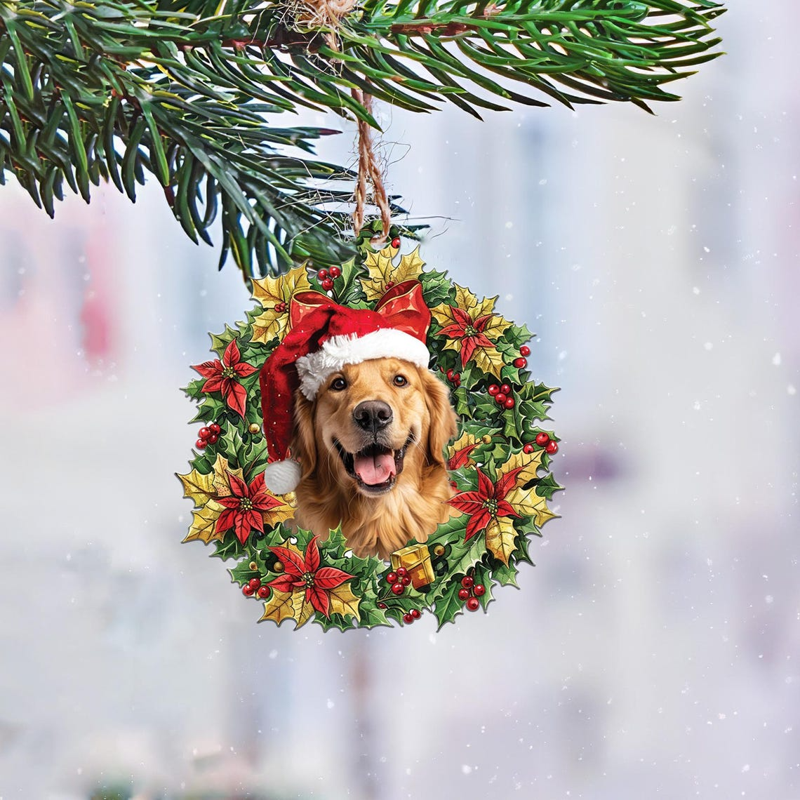 Golden Retriever and Christmas Wreath Ornament, Christmas Dog Hanging Ornament Decor Gift