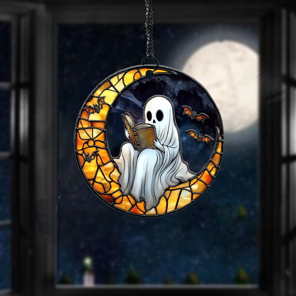 Ghost Reading Book on the Moon Suncatcher, Spooky Ghost Window Hanging Decor