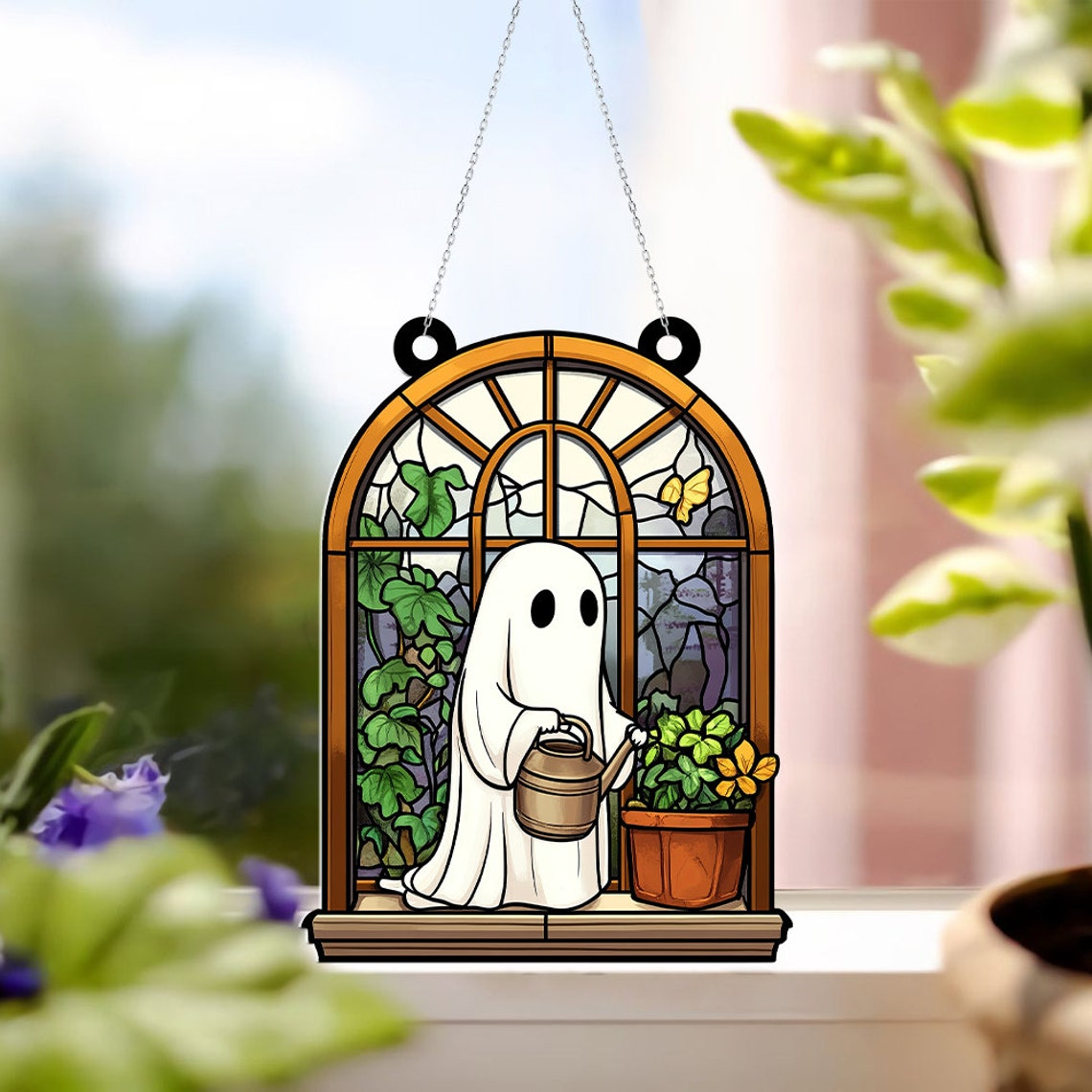 Cute Ghost Planting Halloween Suncatcher, Cute Ghost At Greenhouse Home Decor