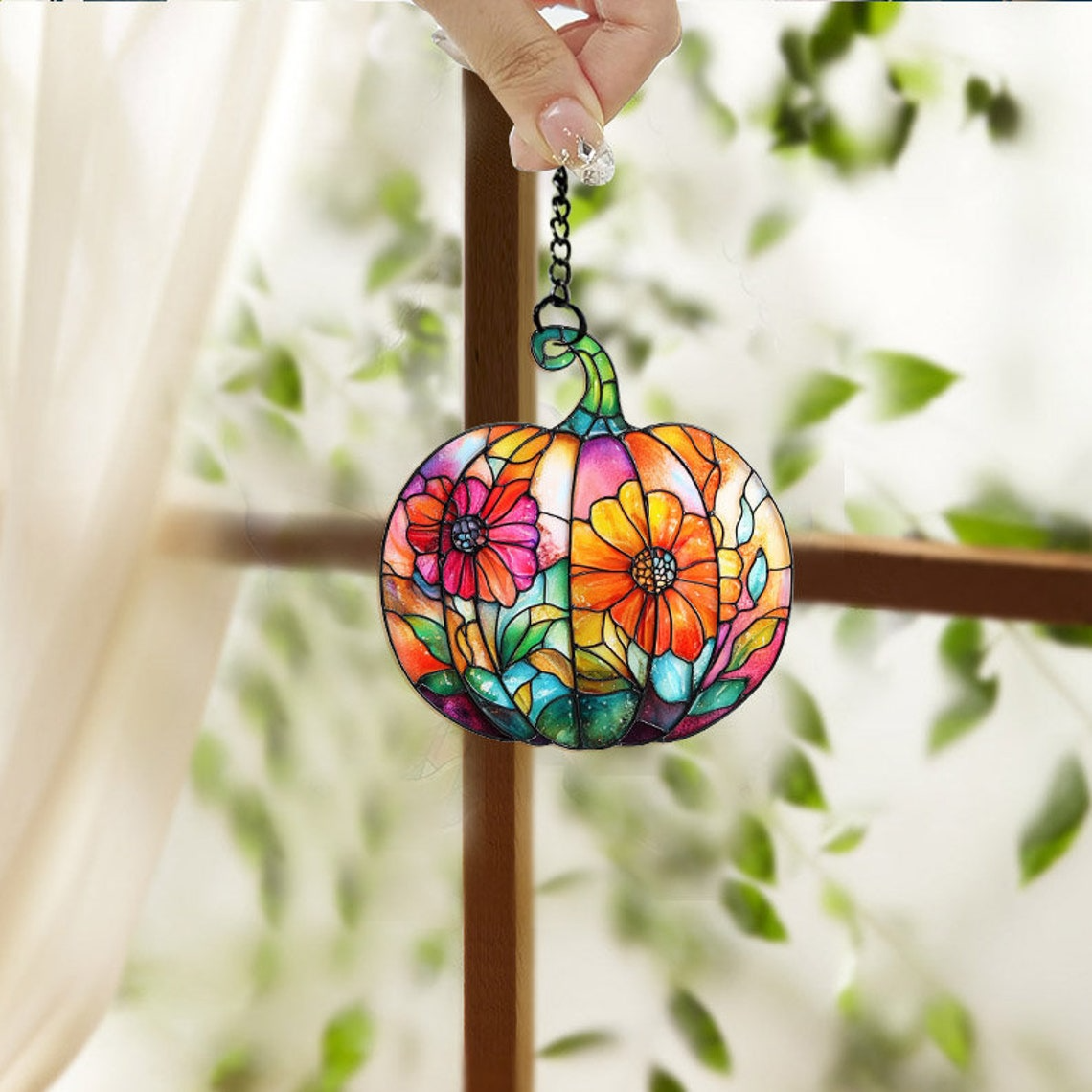 Pumpkin Flowers Suncatcher Ornament, Halloween Pumpkin Home Decor