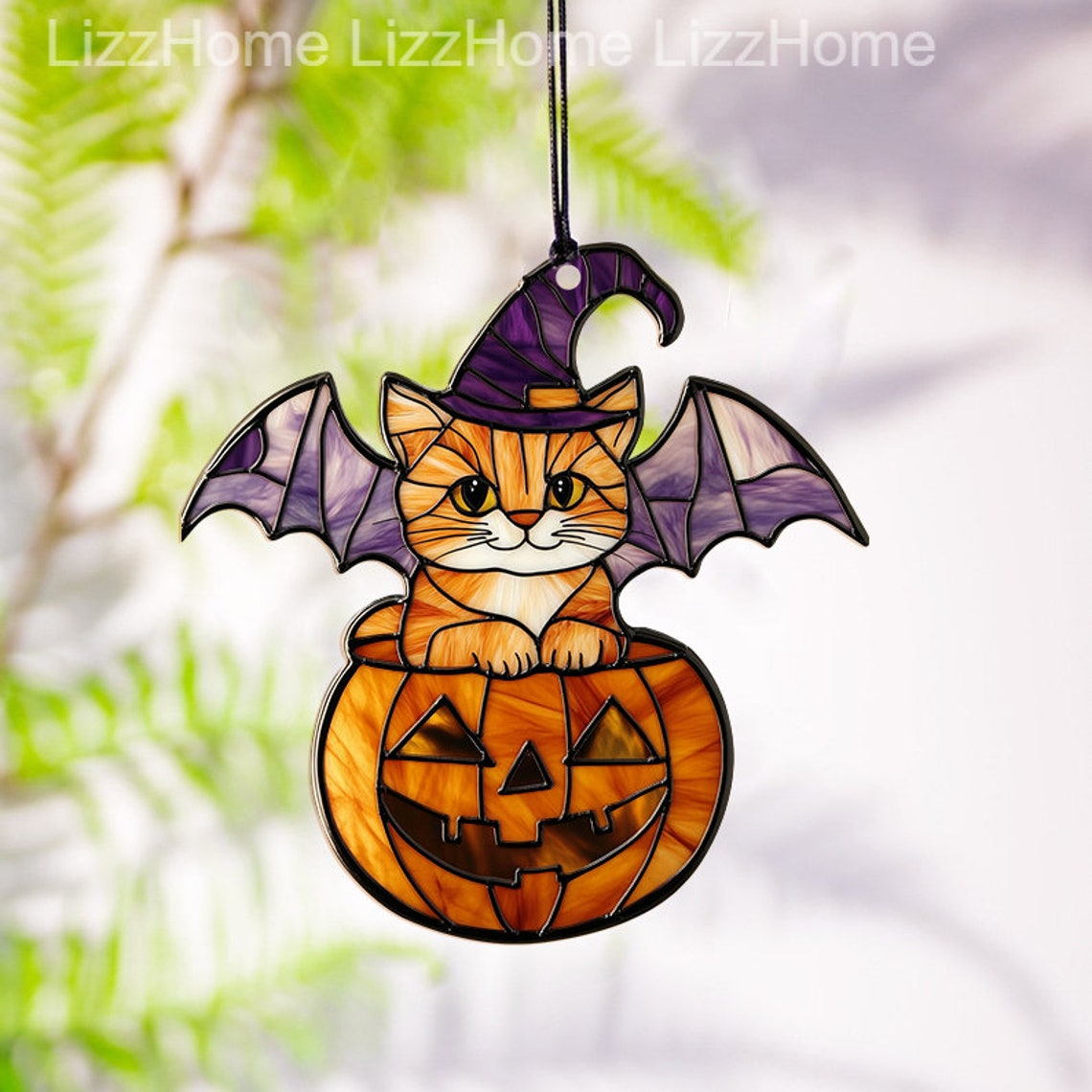 Cute Cat Witch with Pumpkin Suncatcher, Halloween Cat Witch and Pumpkin Hanging Decor