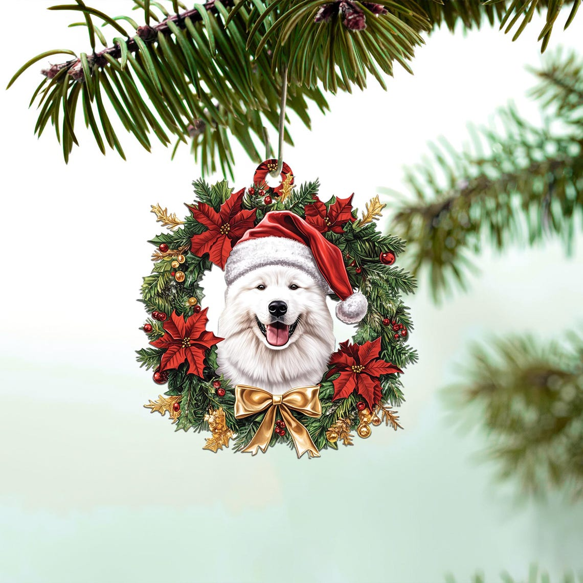 Cute Samoyed Dog Christmas Wreath Ornament, Samoyed Hanging Christmas Ornament Decor Gift