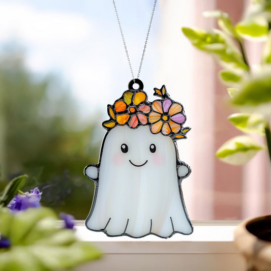 Cute Ghost With Flowers Crown Pretty Suncatcher, Ghost Flower Hanging Ornament