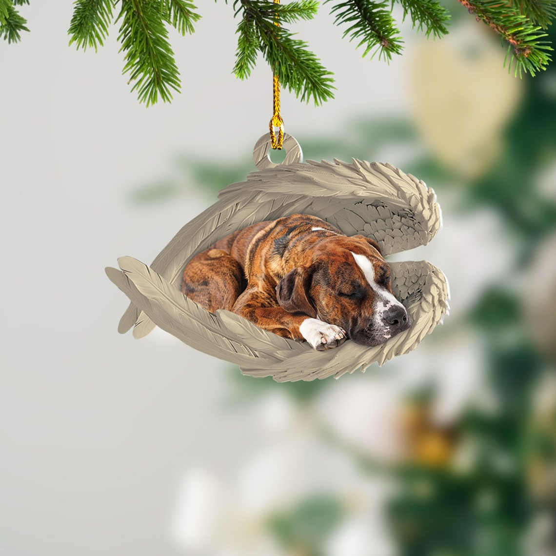 Brindle Staffy Dog Sleeping Angel Wings Ornament Christmas, Cute Staffy Dog Christmas Ornament