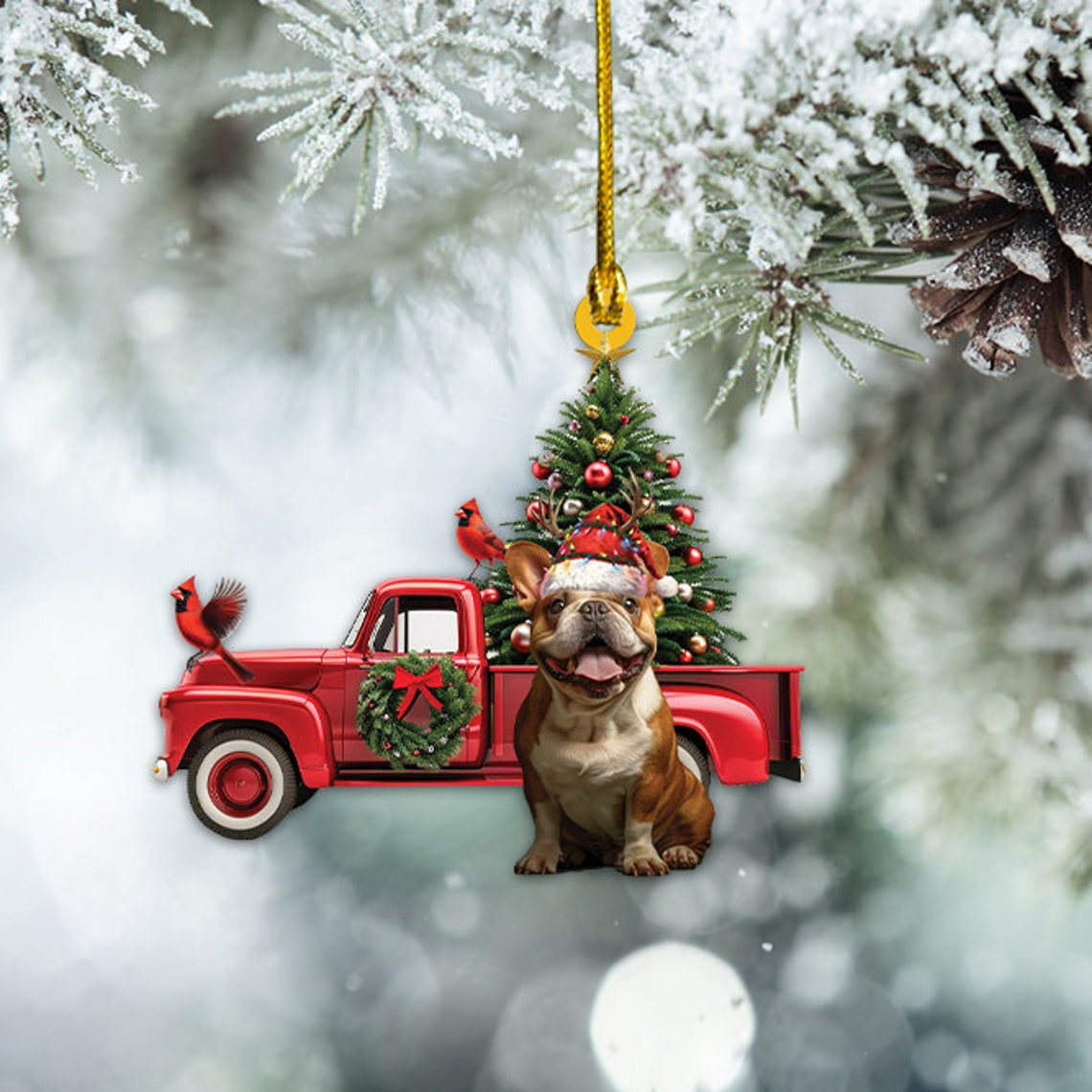 Cute Bulldog Red Truck Christmas Ornament, Lovely Bulldog Christmas Ornament Gift Holiday