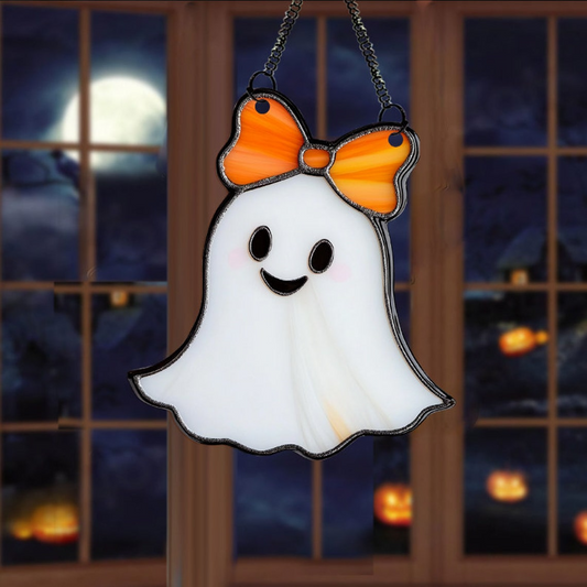 Cute Girl Ghost With Bow Orange Halloween Suncatcher, Cute Ghost Window Hanging Decor,