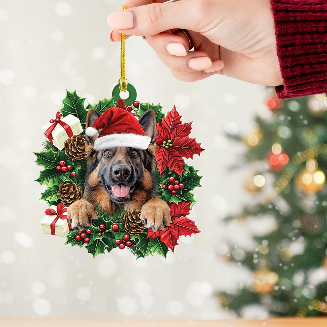 German Shepherd Dog Christmas Wreath Ornament, German Shepherd Dog Christmas Ornament