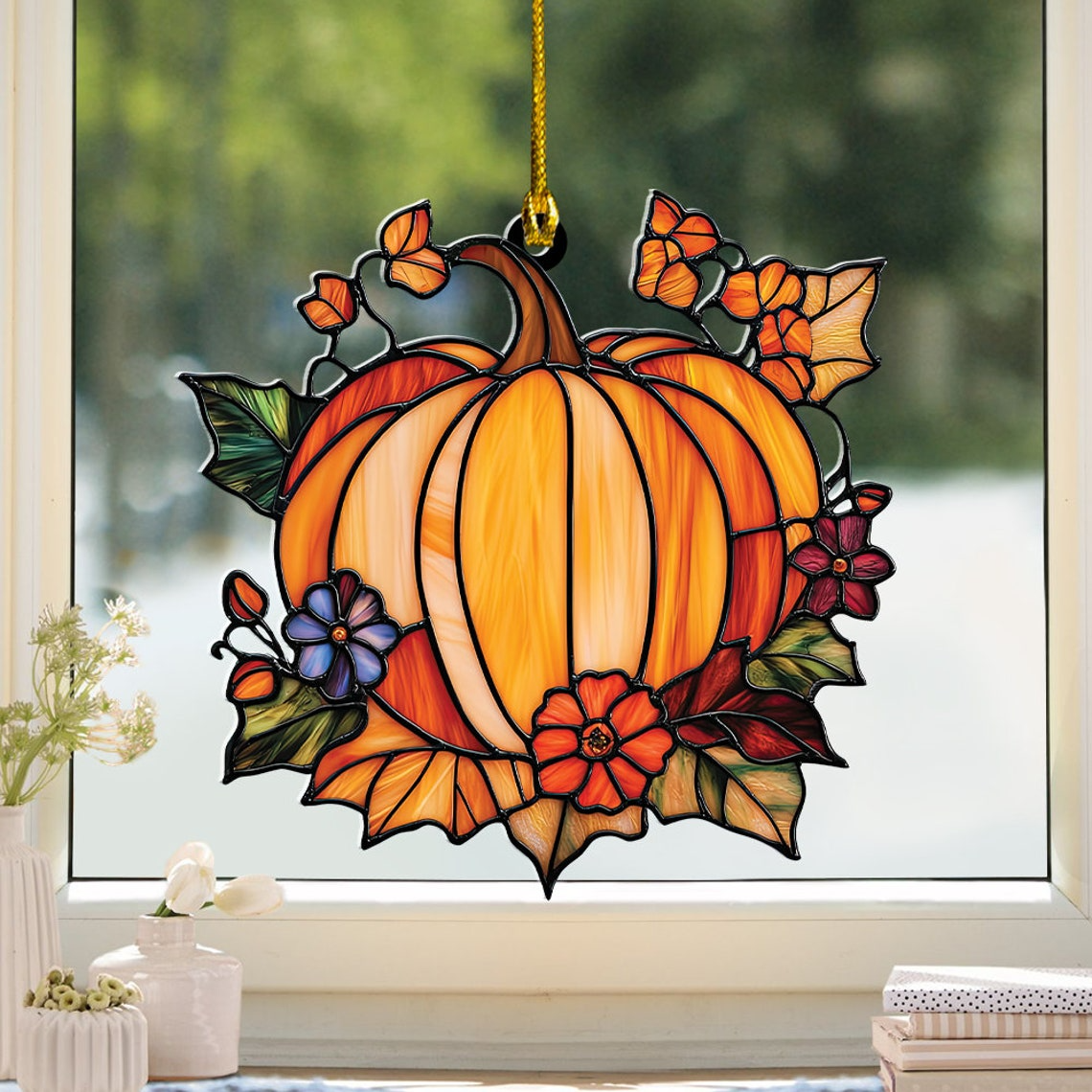 Vintage Pumpkin Leaves and Flower Suncatcher, Halloween Suncatcher Ornament Decor