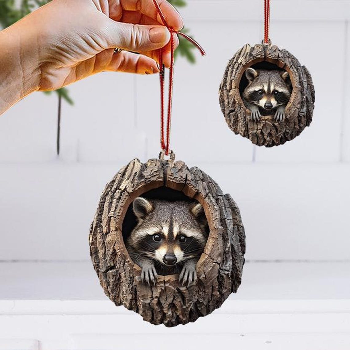 Cute Raccoon Christmas Ornament, Raccoon Rearview Mirror Car Hanging Ornament