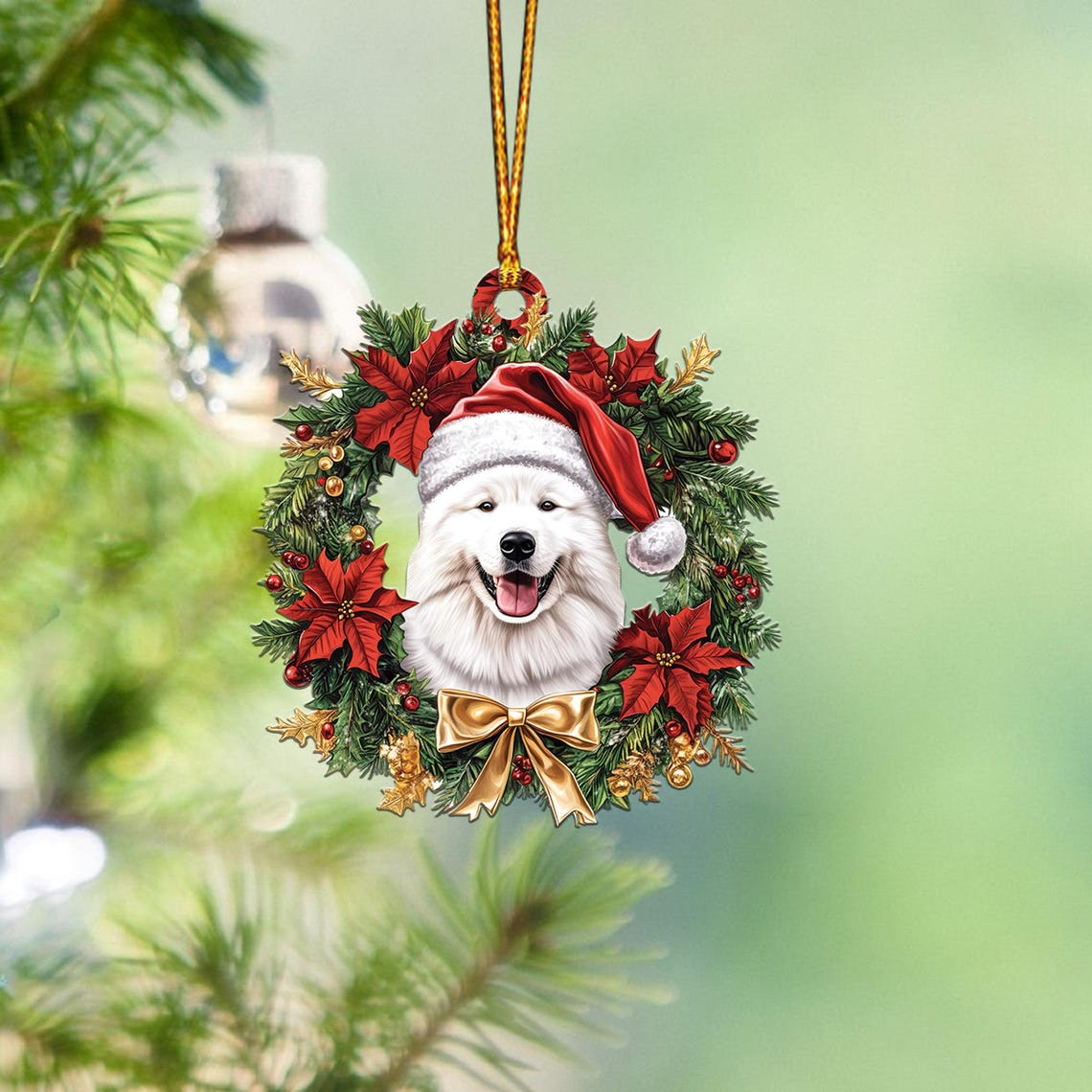 Cute Samoyed Dog Christmas Wreath Ornament, Samoyed Hanging Christmas Ornament Decor Gift