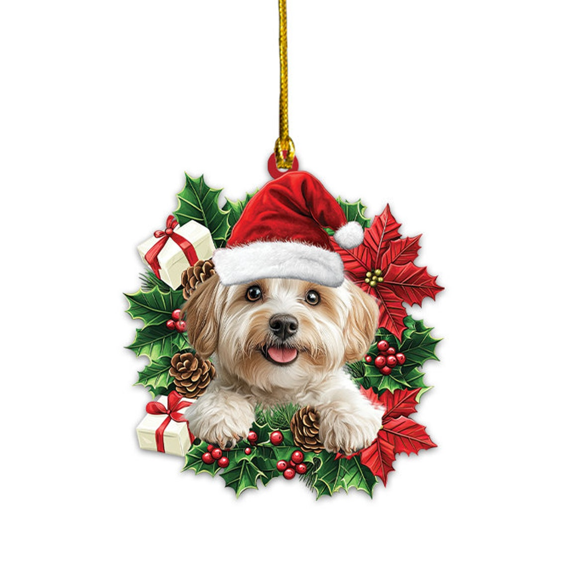 Havanese Dog Christmas Wreath Ornament, Cute Dog Christmas Ornament Lovers Holiday Gift