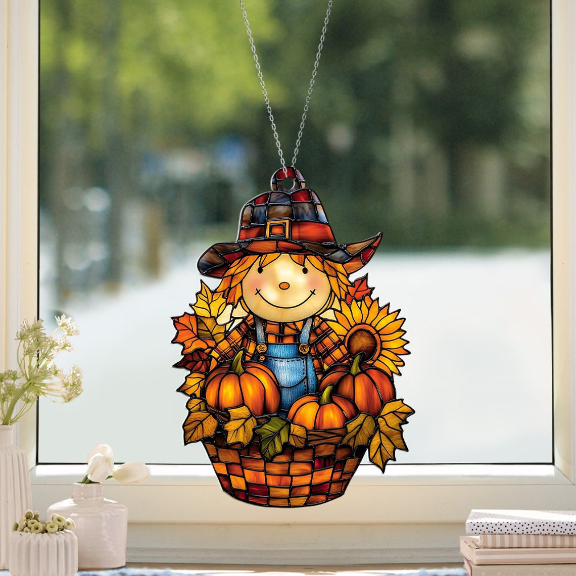 Scarecrow Boy Autumn Suncatcher, Scarecrow Pumpkin Hanging Ornament