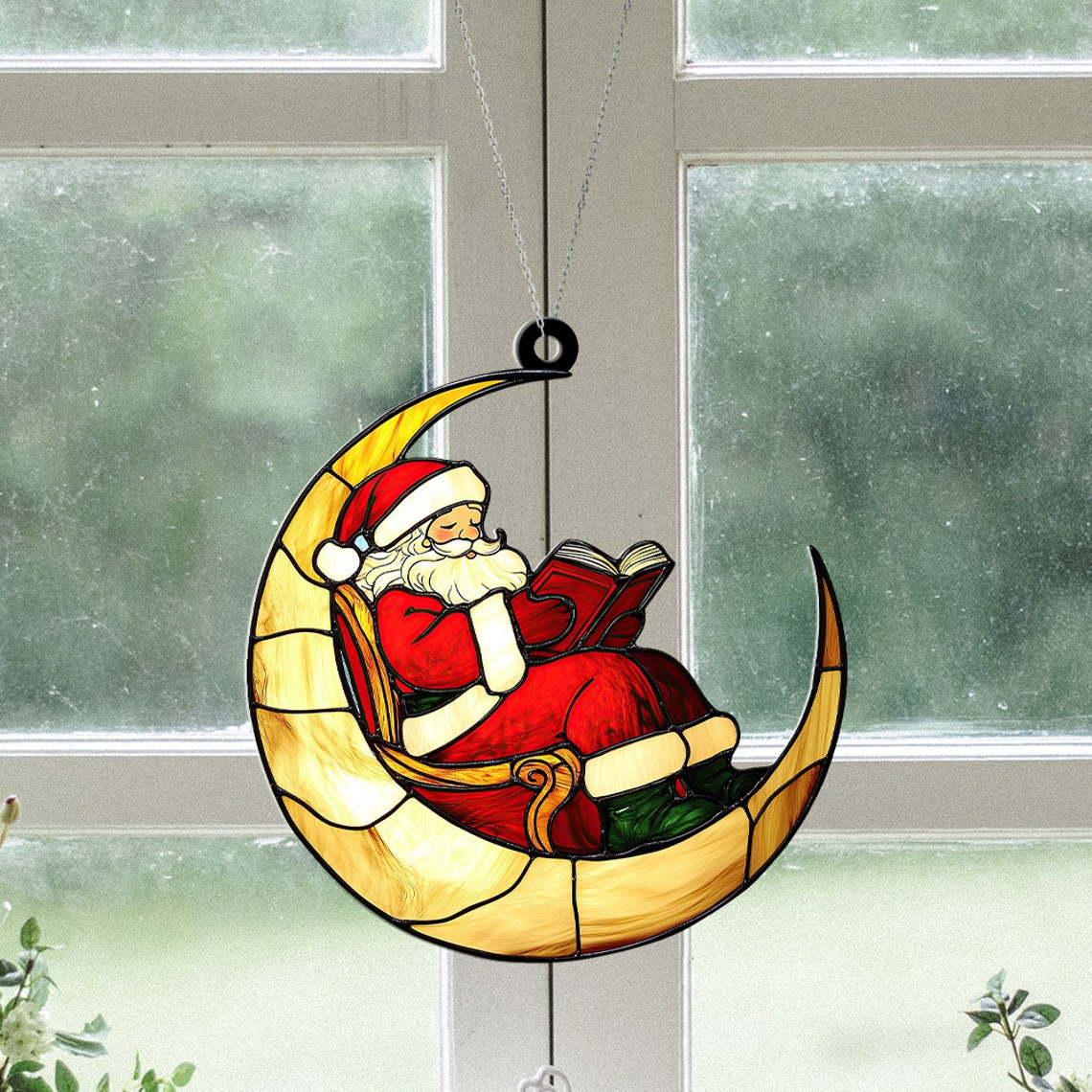 Santa Reading Books on The Moon Suncatcher Ornament, Santa Claus Christmas Suncatcher