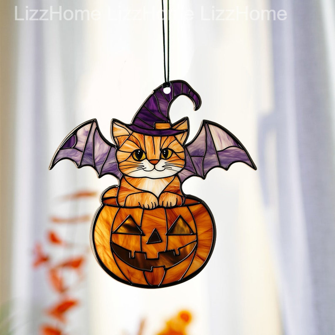 Cute Cat Witch with Pumpkin Suncatcher, Halloween Cat Witch and Pumpkin Hanging Decor