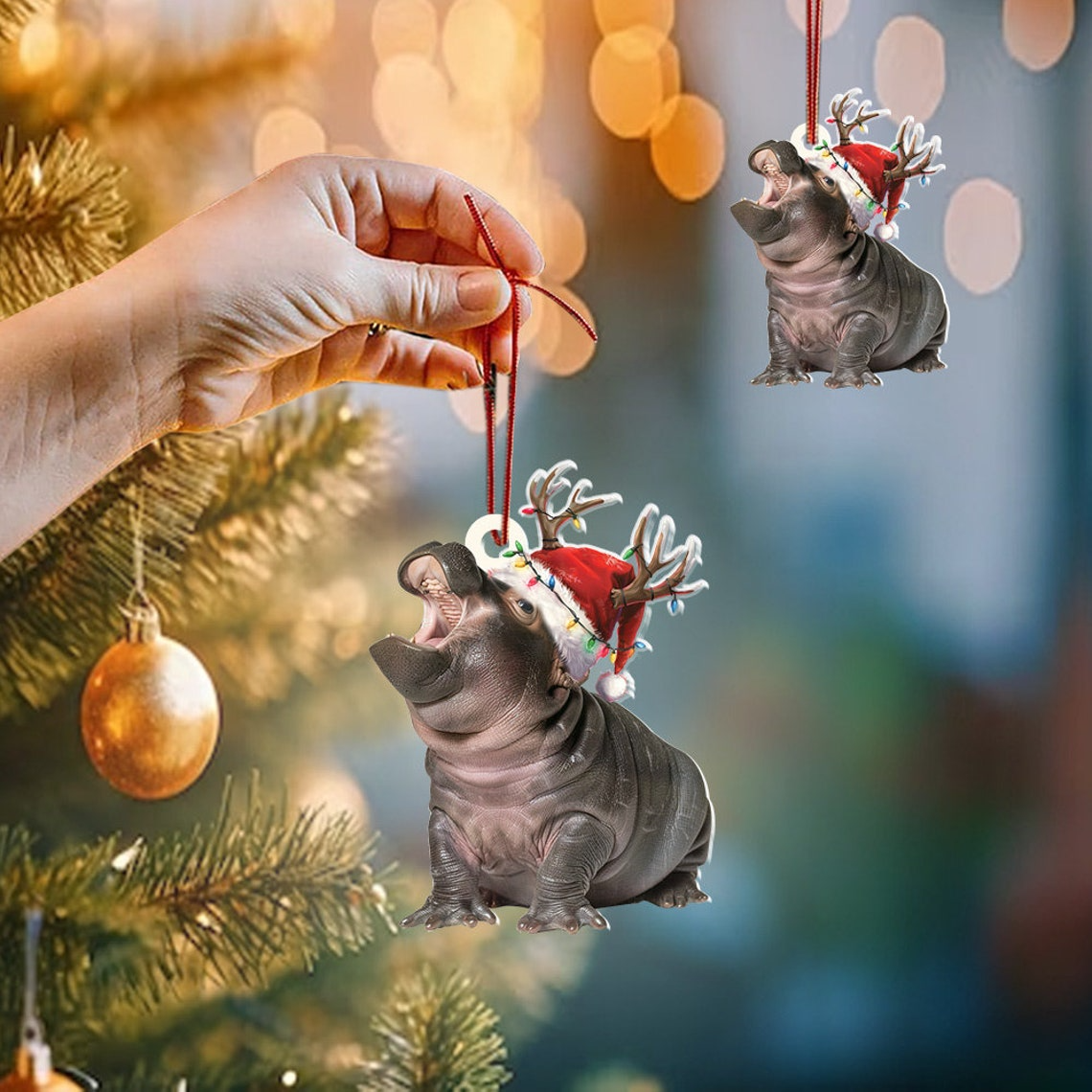 Cute Baby Hippo Hanging Christmas Ornament, Christmas Pygmy Hippo Rearview Mirror Car Ornament Gift