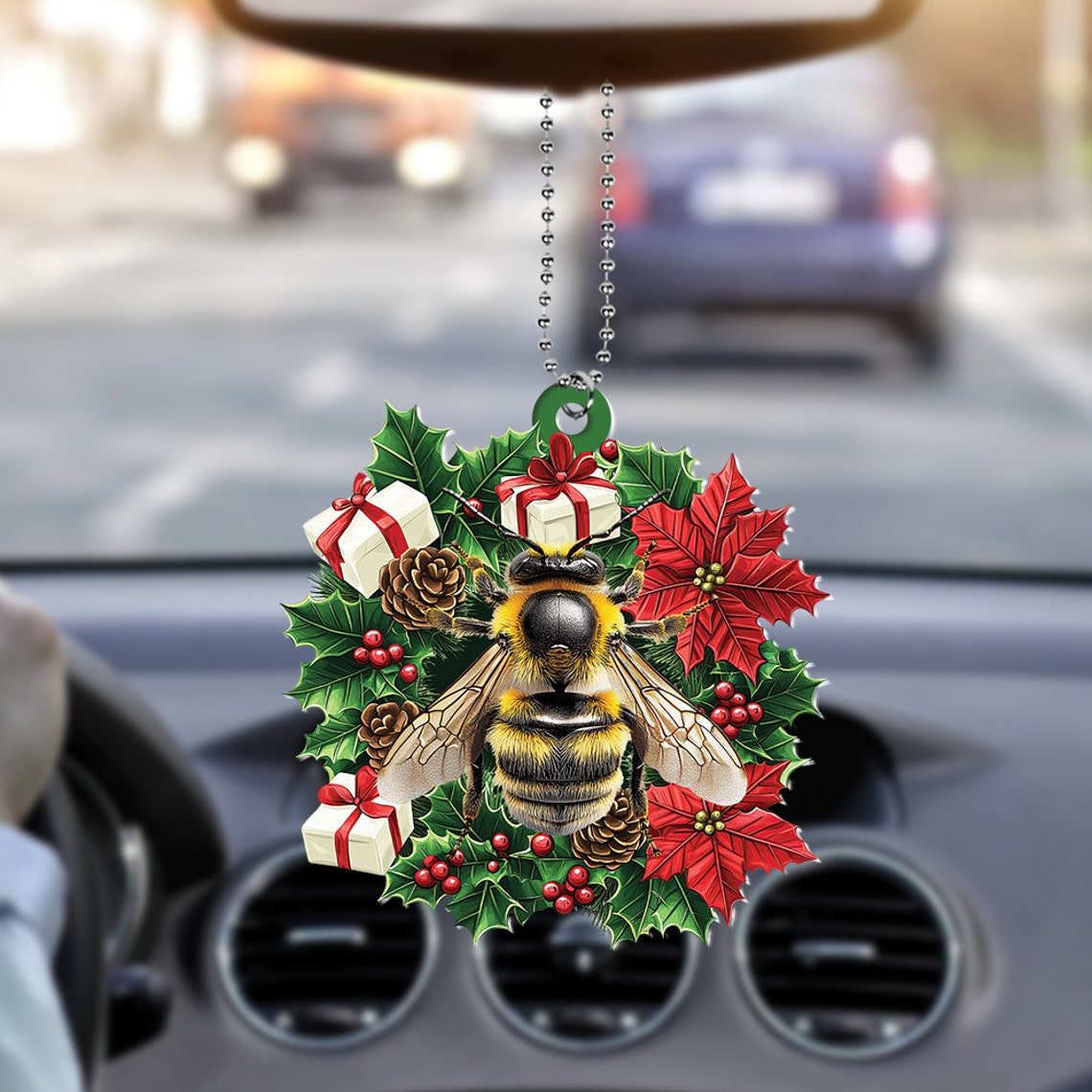 Unique Bee Christmas Wreath Ornament, Ornament Bee Rearview Mirror Car Hanging Christmas Decor