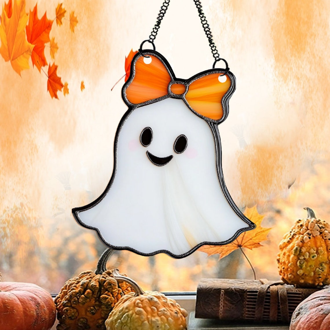 Cute Girl Ghost With Bow Orange Halloween Suncatcher, Cute Ghost Window Hanging Decor,