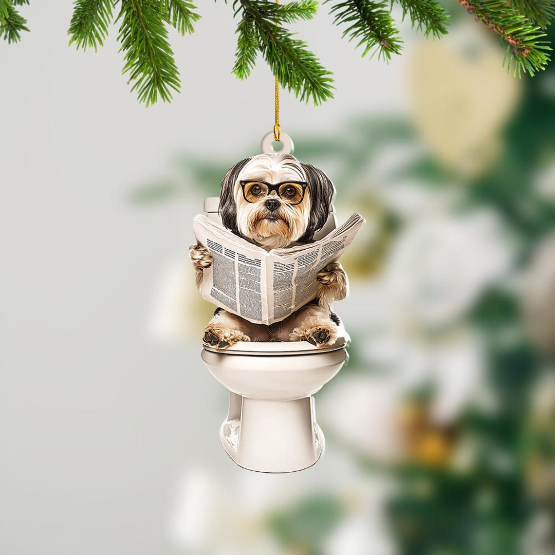 Havanese Dog Sitting On Toilet Ornament, Havanese Dog Reading Newspaper Christmas Ornament