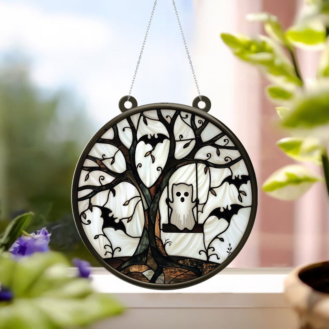 Ghost Halloween Night Window Suncatcher Ornament, Halloween Ghost Ornament Decor