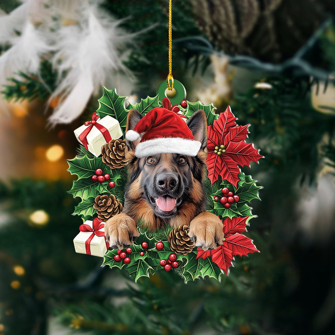 German Shepherd Dog Christmas Wreath Ornament, German Shepherd Dog Christmas Ornament