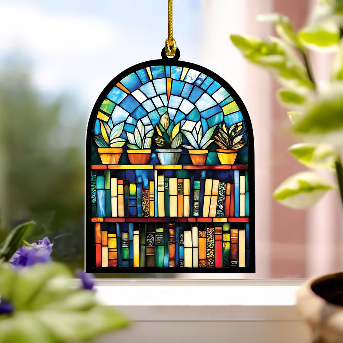 Bookshelf Hanging Suncatcher Ornament, Bookstore Suncatcher Decor