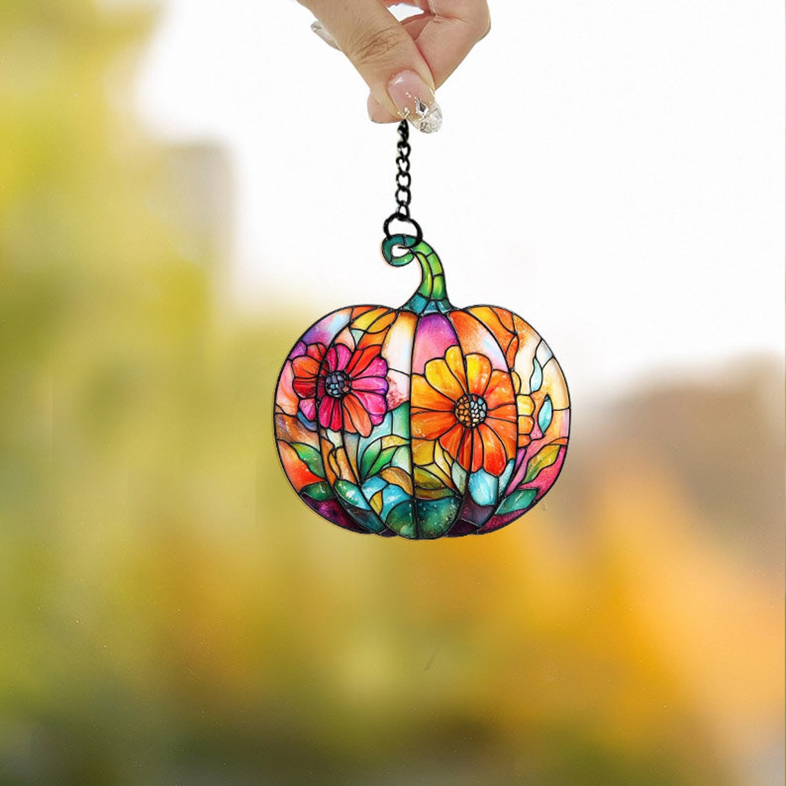 Pumpkin Flowers Suncatcher Ornament, Halloween Pumpkin Home Decor