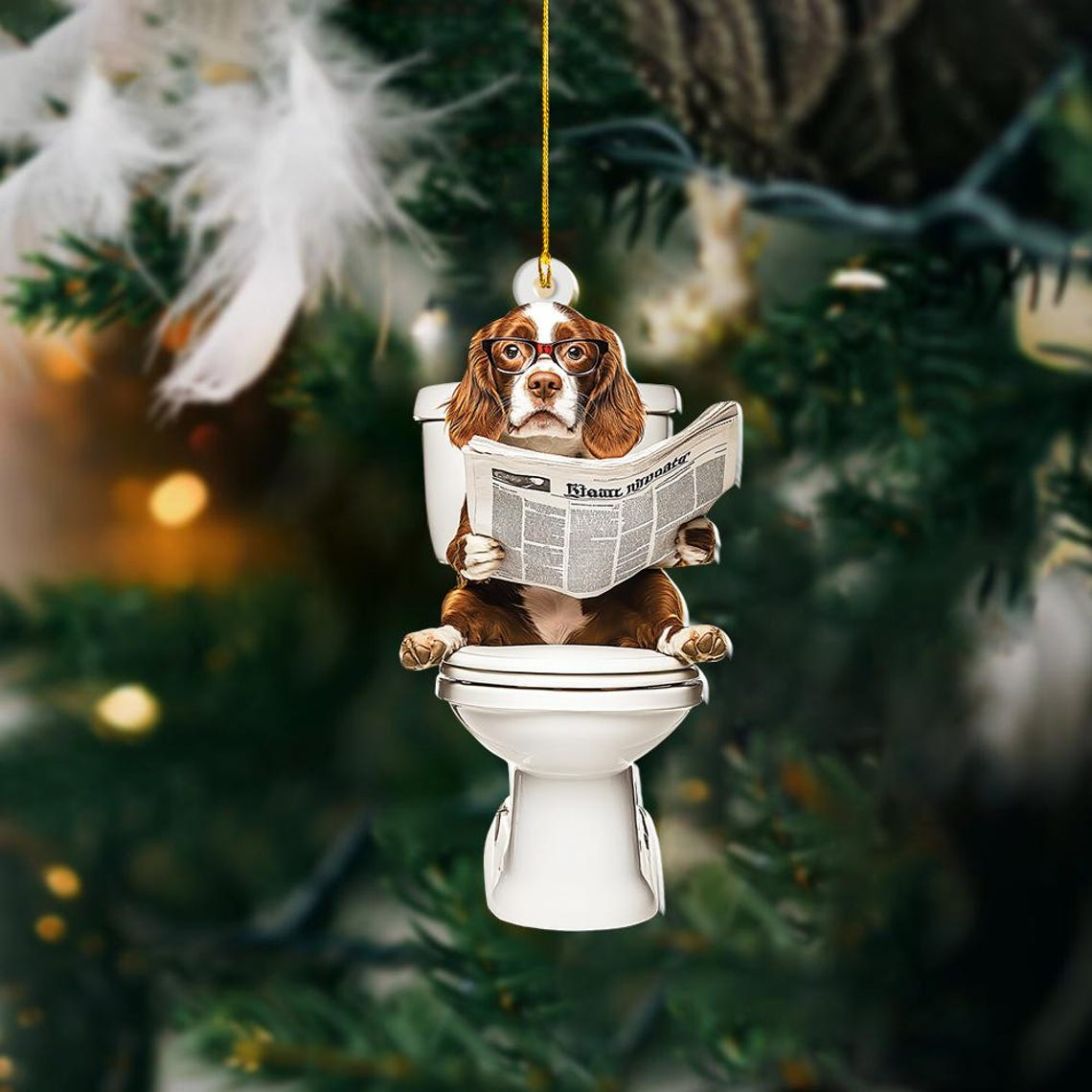 Brittany Spaniel Dog Sitting On Toilet Ornament, Brittany Dog Christmas Ornament Gift